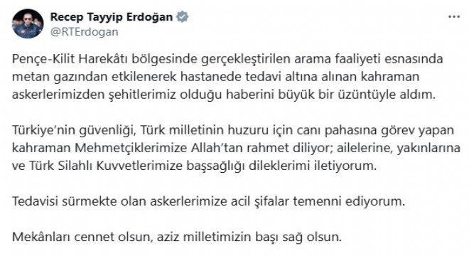 Erdoğan'dan şehitler için taziye mesajı