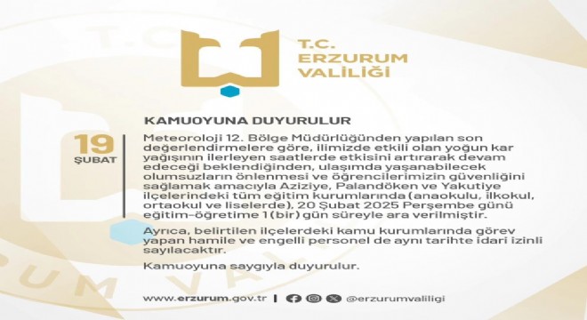 Erzurum'da eğitime 1 gün kar tatili